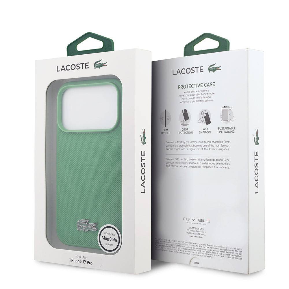Apple iPhone 18 Pro Kılıf Lacoste Orjinal Lisanslı M-safe Şarj Özellikli PU Pike Desenli Metal Logolu Kapak Yeşil