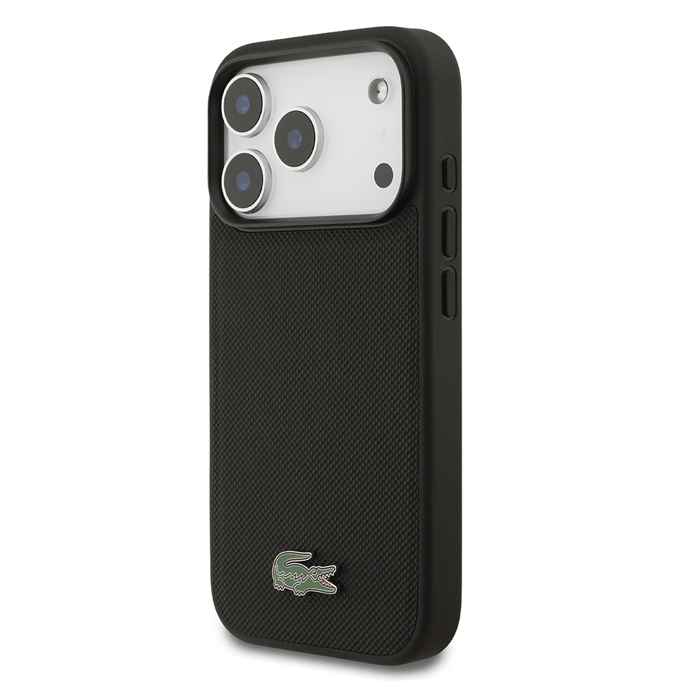 Apple iPhone 18 Pro Kılıf Lacoste Orjinal Lisanslı M-safe Şarj Özellikli PU Pike Desenli Metal Logolu Kapak Siyah