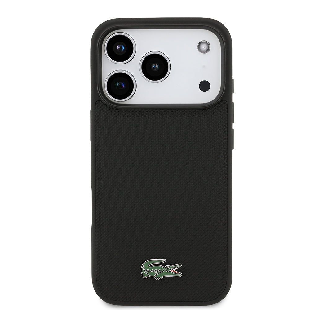 Apple iPhone 18 Pro Kılıf Lacoste Orjinal Lisanslı M-safe Şarj Özellikli PU Pike Desenli Metal Logolu Kapak Siyah