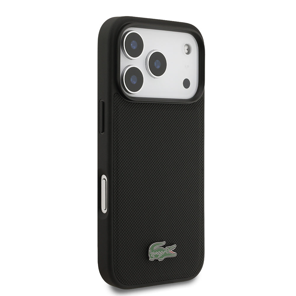 Apple iPhone 18 Pro Kılıf Lacoste Orjinal Lisanslı M-safe Şarj Özellikli PU Pike Desenli Metal Logolu Kapak Siyah