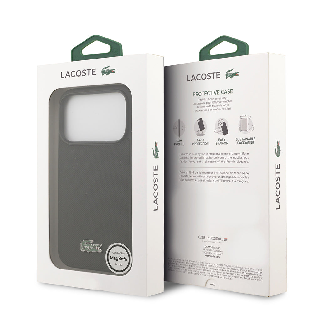 Apple iPhone 18 Pro Kılıf Lacoste Orjinal Lisanslı M-safe Şarj Özellikli PU Pike Desenli Metal Logolu Kapak Siyah