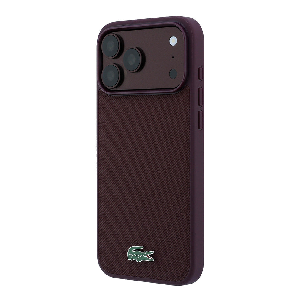 Apple iPhone 18 Pro Kılıf Lacoste Orjinal Lisanslı M-safe Şarj Özellikli PU Pike Desenli Metal Logolu Kapak Bordo