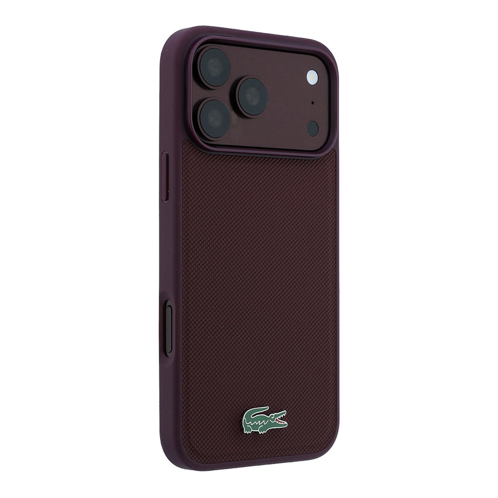 Apple iPhone 18 Pro Kılıf Lacoste Orjinal Lisanslı M-safe Şarj Özellikli PU Pike Desenli Metal Logolu Kapak Bordo