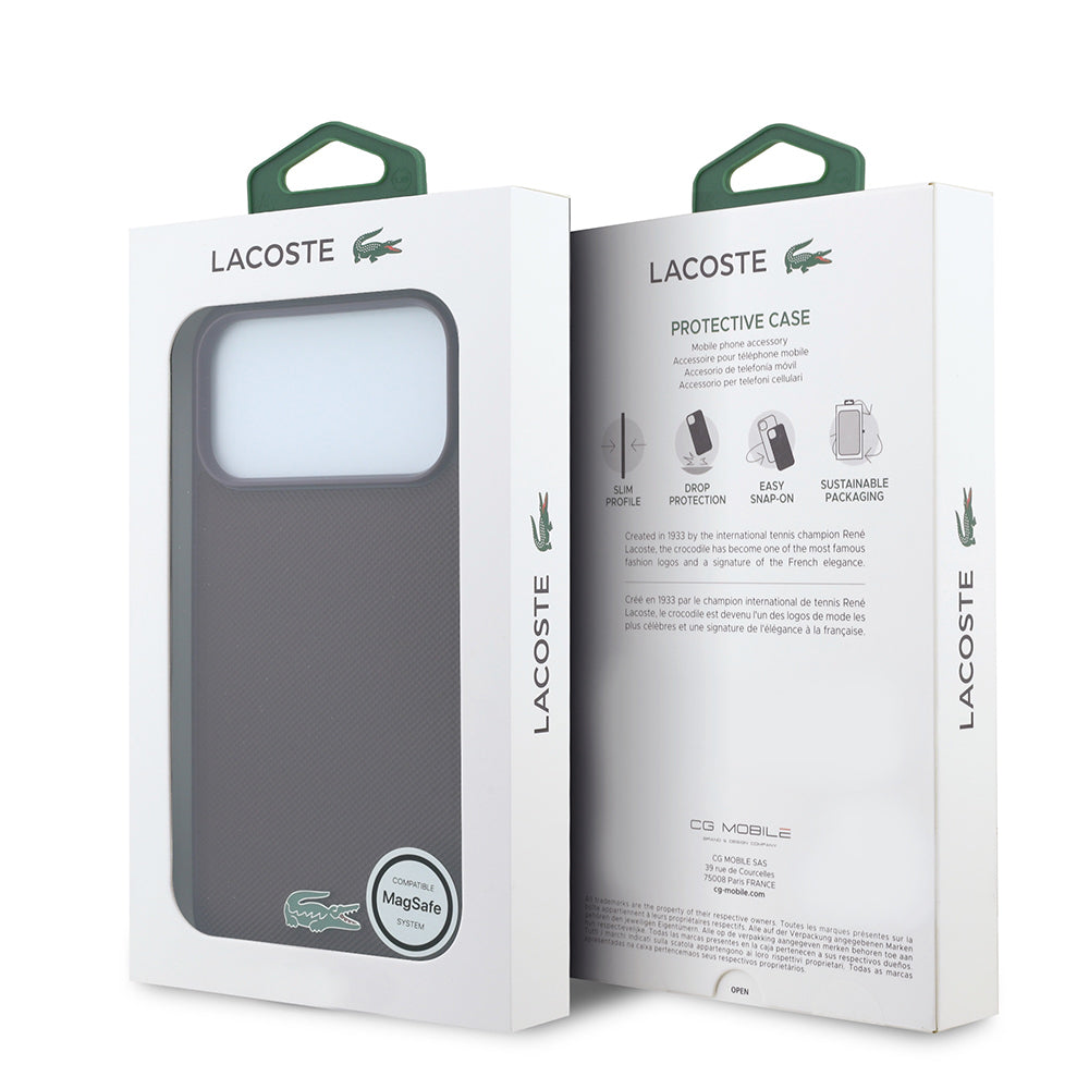Apple iPhone 18 Pro Kılıf Lacoste Orjinal Lisanslı M-safe Şarj Özellikli PU Pike Desenli Metal Logolu Kapak Bordo