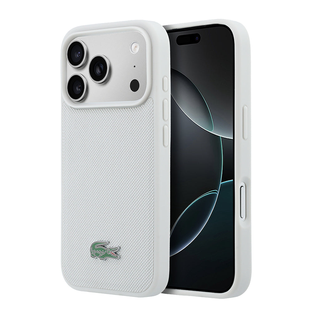 Apple iPhone 18 Pro Kılıf Lacoste Orjinal Lisanslı M-safe Şarj Özellikli PU Pike Desenli Metal Logolu Kapak Gri