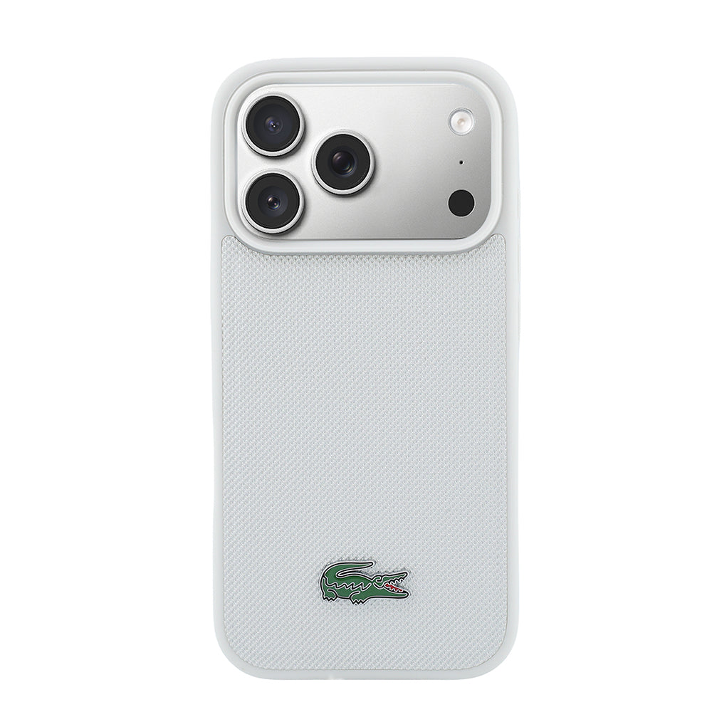 Apple iPhone 18 Pro Kılıf Lacoste Orjinal Lisanslı M-safe Şarj Özellikli PU Pike Desenli Metal Logolu Kapak Gri