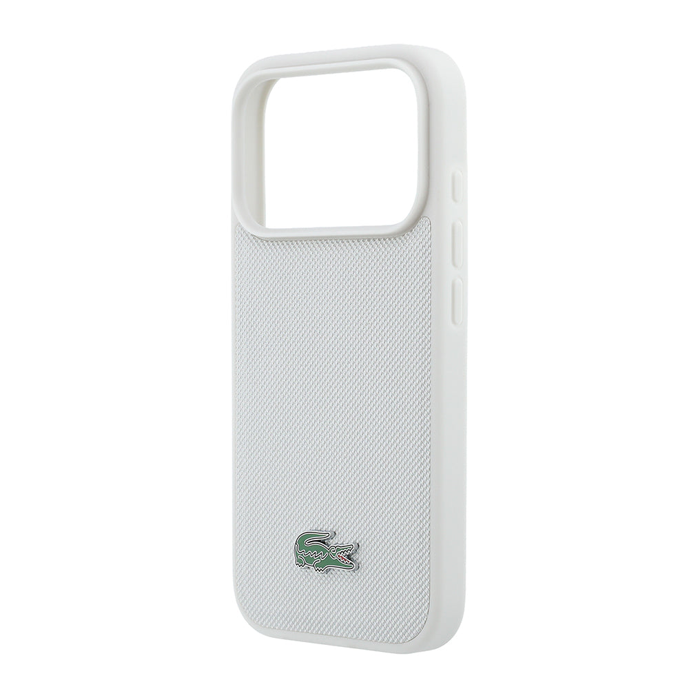 Apple iPhone 18 Pro Kılıf Lacoste Orjinal Lisanslı M-safe Şarj Özellikli PU Pike Desenli Metal Logolu Kapak Gri