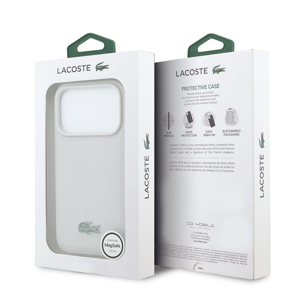Apple iPhone 18 Pro Kılıf Lacoste Orjinal Lisanslı M-safe Şarj Özellikli PU Pike Desenli Metal Logolu Kapak Gri