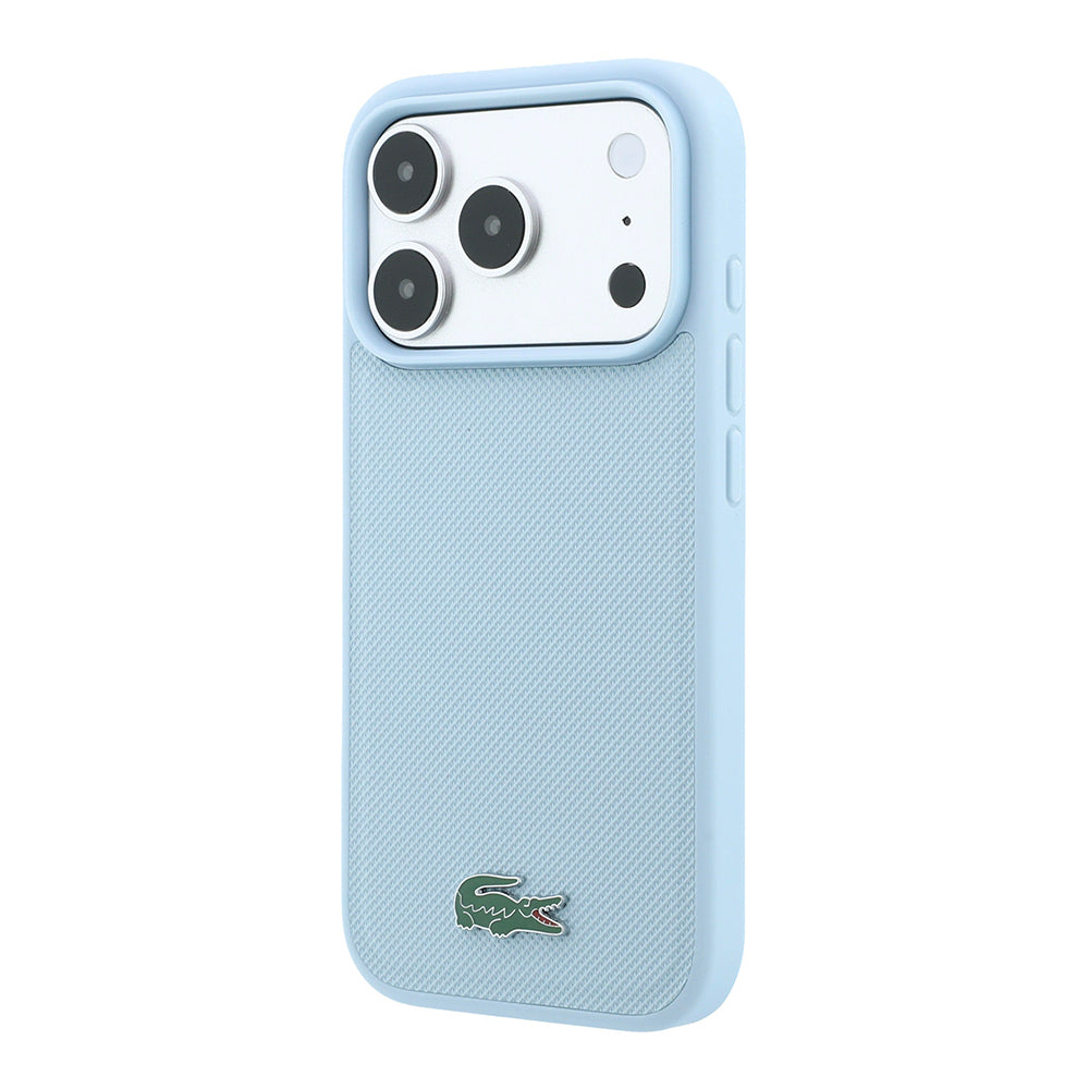 Apple iPhone 18 Pro Kılıf Lacoste Orjinal Lisanslı M-safe Şarj Özellikli PU Pike Desenli Metal Logolu Kapak Açık Mavi