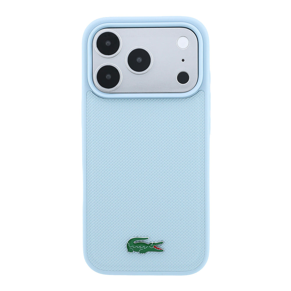 Apple iPhone 18 Pro Kılıf Lacoste Orjinal Lisanslı M-safe Şarj Özellikli PU Pike Desenli Metal Logolu Kapak Açık Mavi