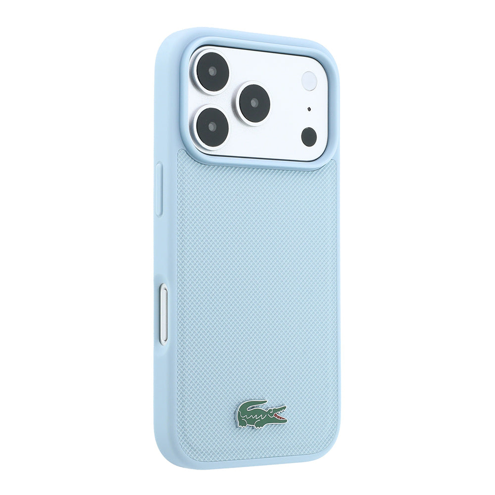 Apple iPhone 18 Pro Kılıf Lacoste Orjinal Lisanslı M-safe Şarj Özellikli PU Pike Desenli Metal Logolu Kapak Açık Mavi