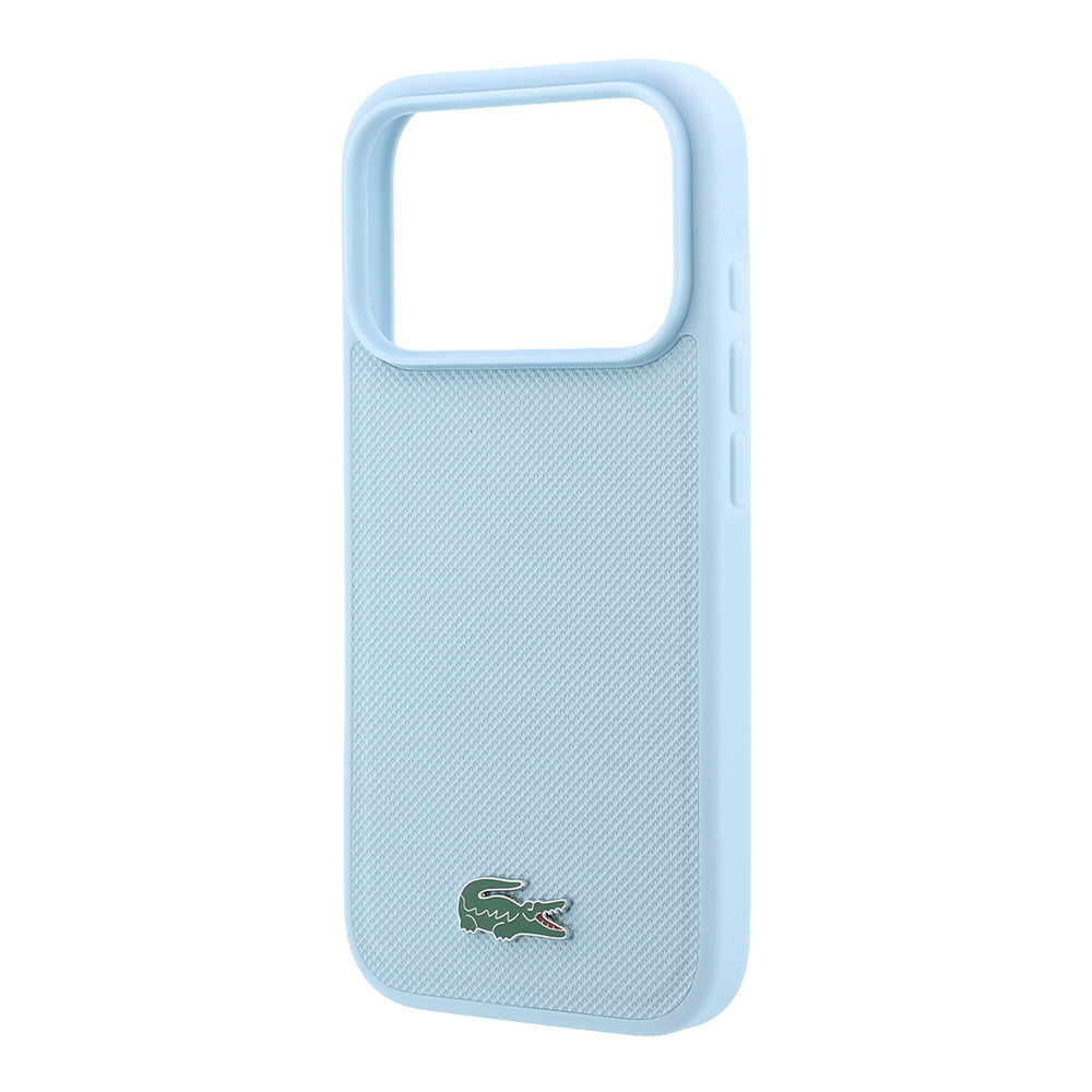 Apple iPhone 18 Pro Kılıf Lacoste Orjinal Lisanslı M-safe Şarj Özellikli PU Pike Desenli Metal Logolu Kapak Açık Mavi