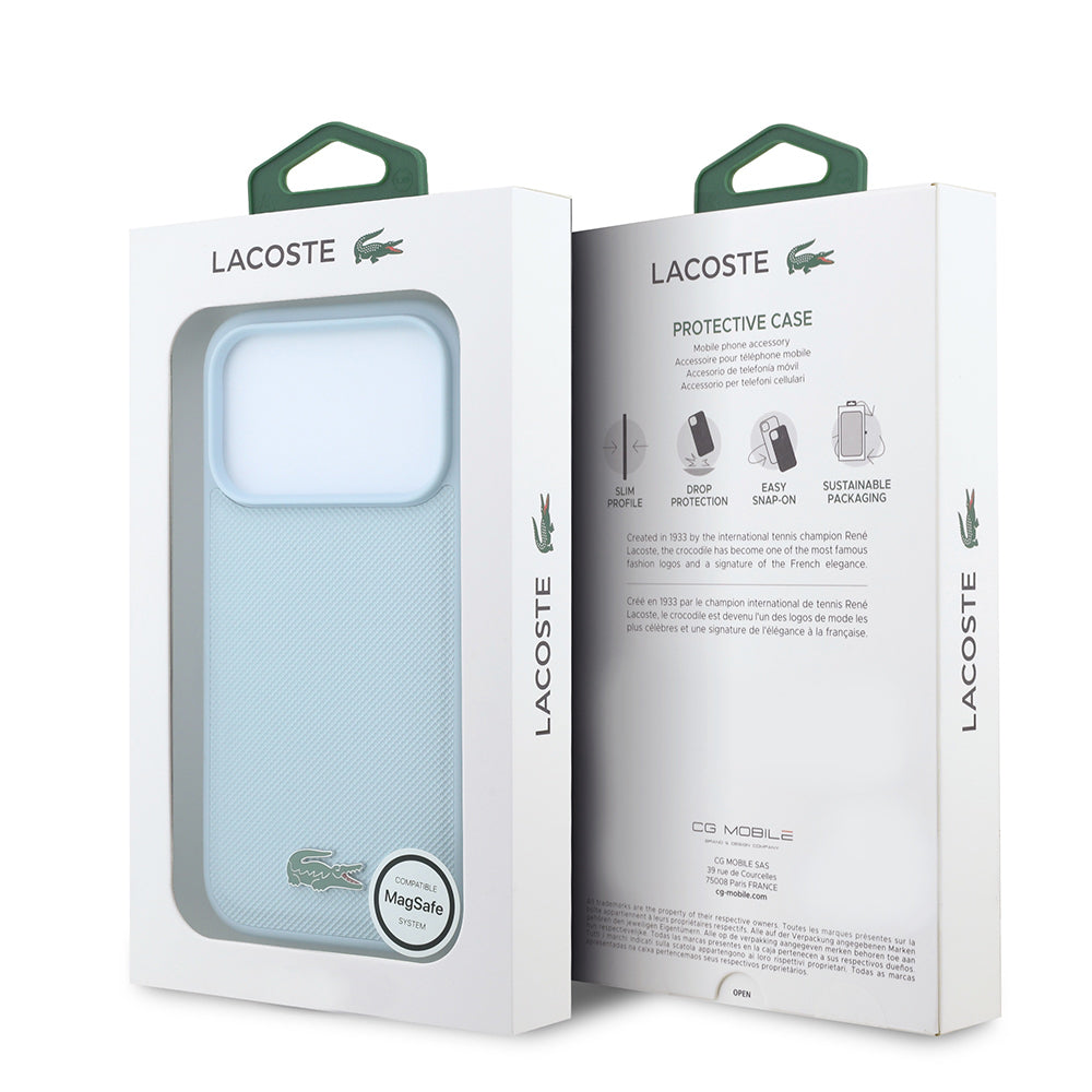 Apple iPhone 18 Pro Kılıf Lacoste Orjinal Lisanslı M-safe Şarj Özellikli PU Pike Desenli Metal Logolu Kapak Açık Mavi
