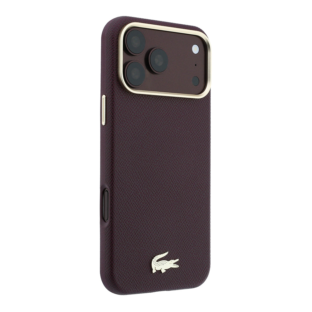 Apple iPhone 18 Pro Kılıf Lacoste Orjinal Lisanslı M-Safe Şarj Özellikli PVC Yarı Pike Desenli Arka Yüzey İkonik Timsah Dokuma Logolu Kapak Bordo