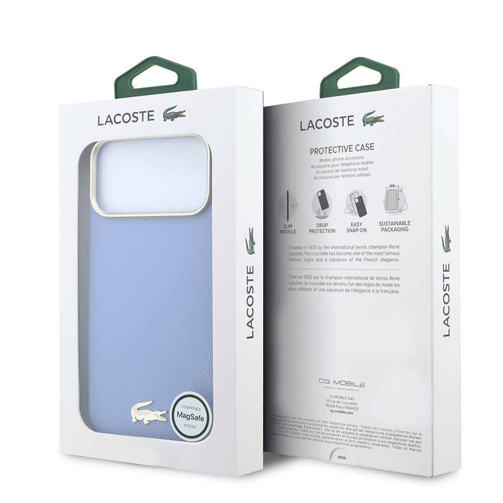 Apple iPhone 18 Pro Kılıf Lacoste Orjinal Lisanslı M-Safe Şarj Özellikli PVC Yarı Pike Desenli Arka Yüzey İkonik Timsah Dokuma Logolu Kapak Açık Mavi