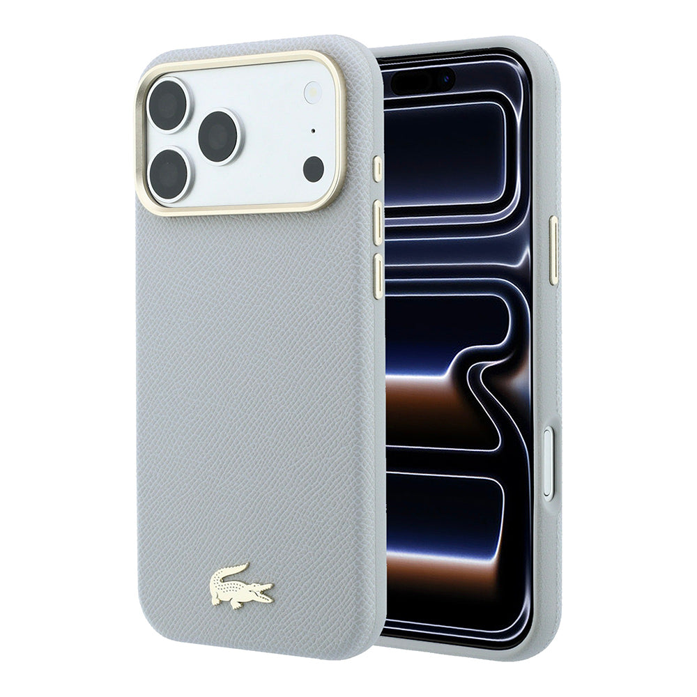 Apple iPhone 18 Pro Kılıf Lacoste Orjinal Lisanslı M-Safe Şarj Özellikli PVC Yarı Pike Desenli Arka Yüzey İkonik Timsah Dokuma Logolu Kapak Açık Gri