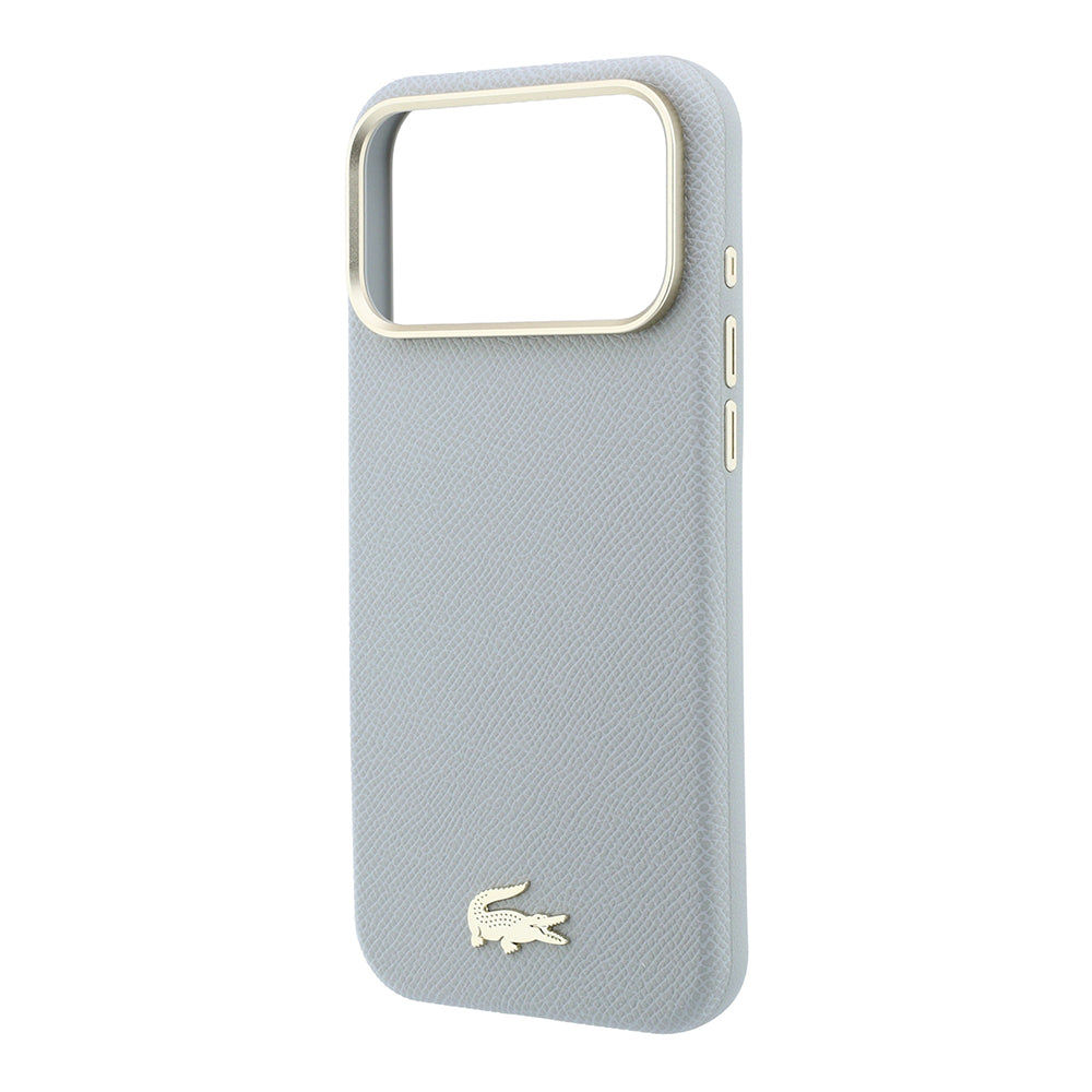 Apple iPhone 18 Pro Kılıf Lacoste Orjinal Lisanslı M-Safe Şarj Özellikli PVC Yarı Pike Desenli Arka Yüzey İkonik Timsah Dokuma Logolu Kapak Açık Gri