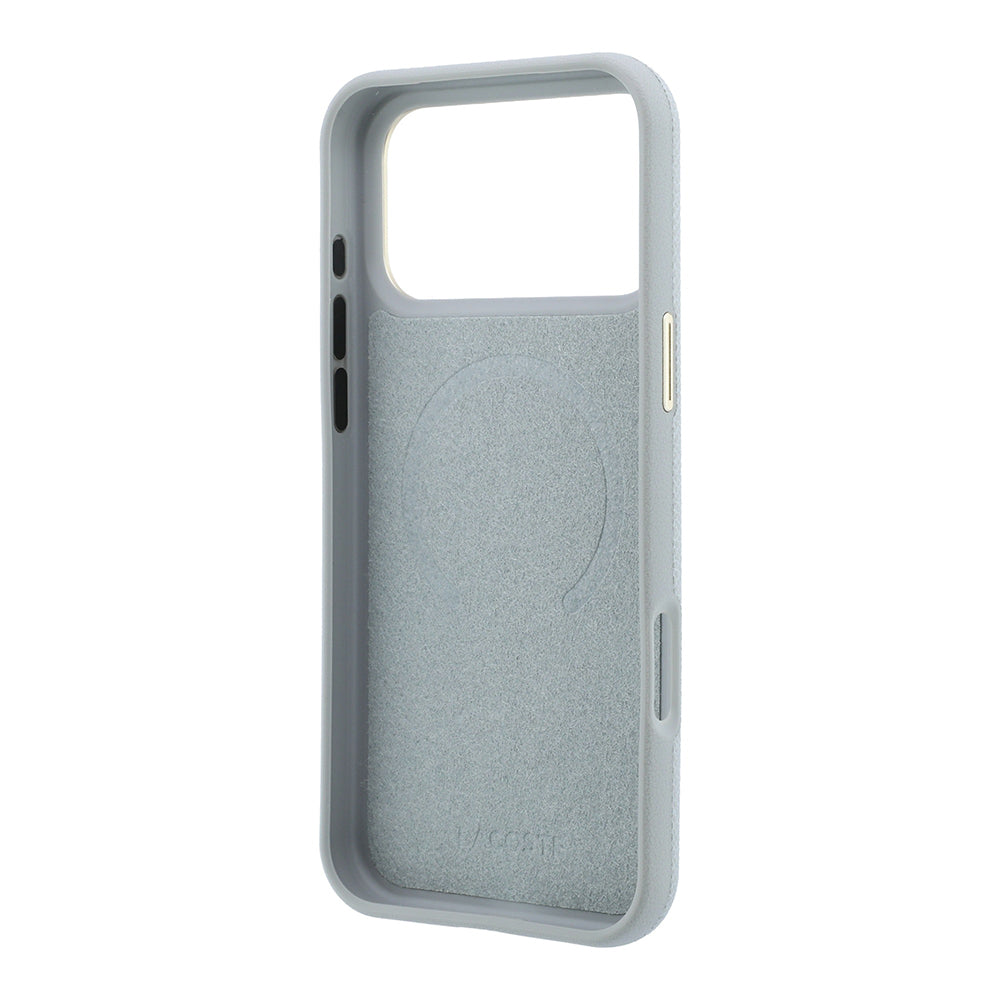 Apple iPhone 18 Pro Kılıf Lacoste Orjinal Lisanslı M-Safe Şarj Özellikli PVC Yarı Pike Desenli Arka Yüzey İkonik Timsah Dokuma Logolu Kapak Açık Gri