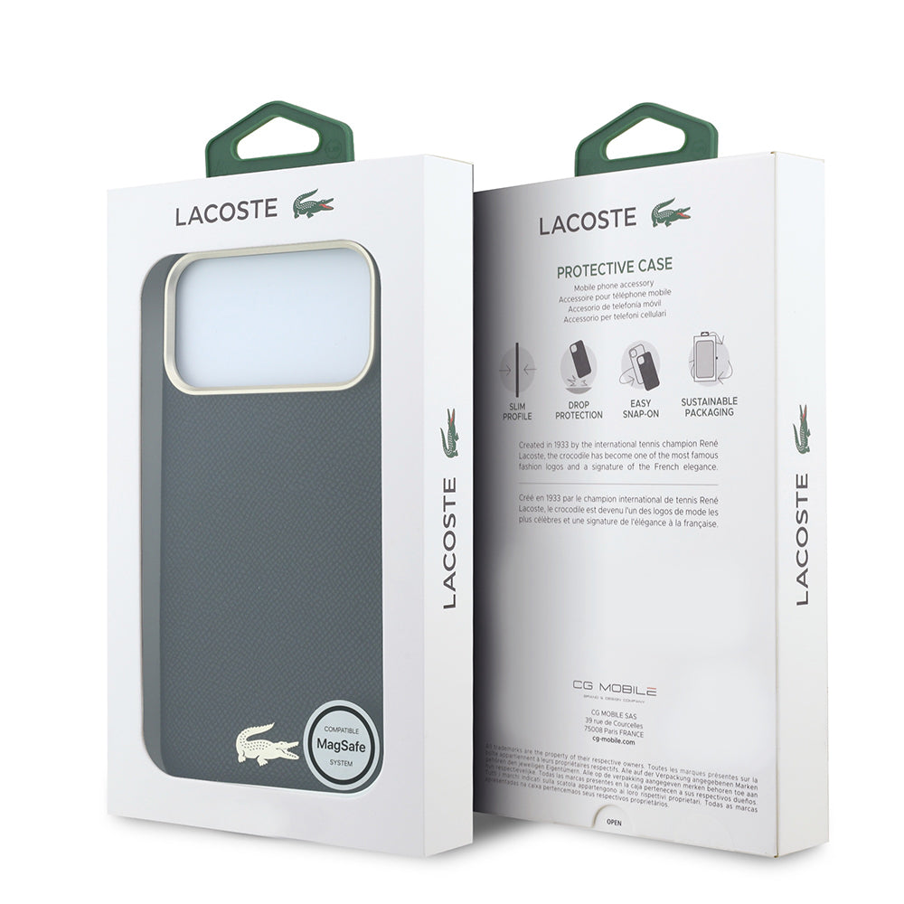 Apple iPhone 18 Pro Kılıf Lacoste Orjinal Lisanslı M-Safe Şarj Özellikli PVC Yarı Pike Desenli Arka Yüzey İkonik Timsah Dokuma Logolu Kapak Siyah