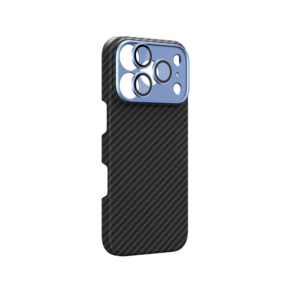 Apple iPhone 18 Pro Kılıf M-Safe Şarj Özellikli 1500D Aramid Fiber AmazingThing Titan Max SLens Serisi Kapak Mavi