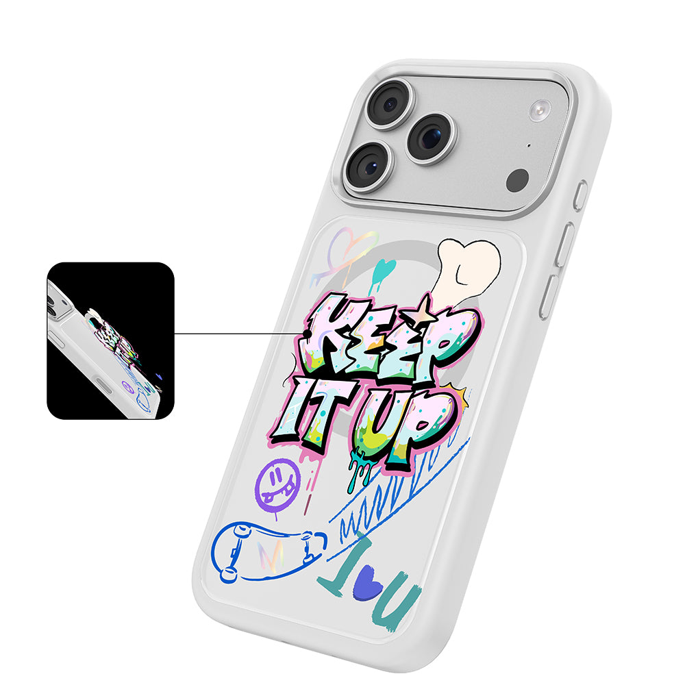 Apple iPhone 18 Pro Kılıf M-safe Şarj Özellikli 3D Baskılı Tasarım Mutural Graffiti Serisi Kapak Beyaz