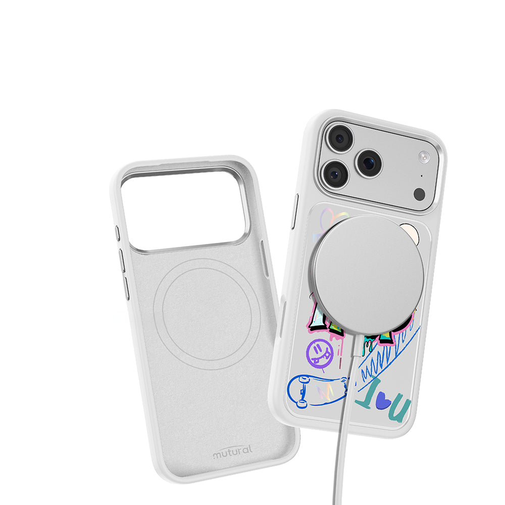 Apple iPhone 18 Pro Kılıf M-safe Şarj Özellikli 3D Baskılı Tasarım Mutural Graffiti Serisi Kapak Beyaz