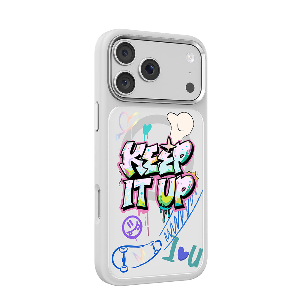 Apple iPhone 18 Pro Kılıf M-safe Şarj Özellikli 3D Baskılı Tasarım Mutural Graffiti Serisi Kapak Beyaz