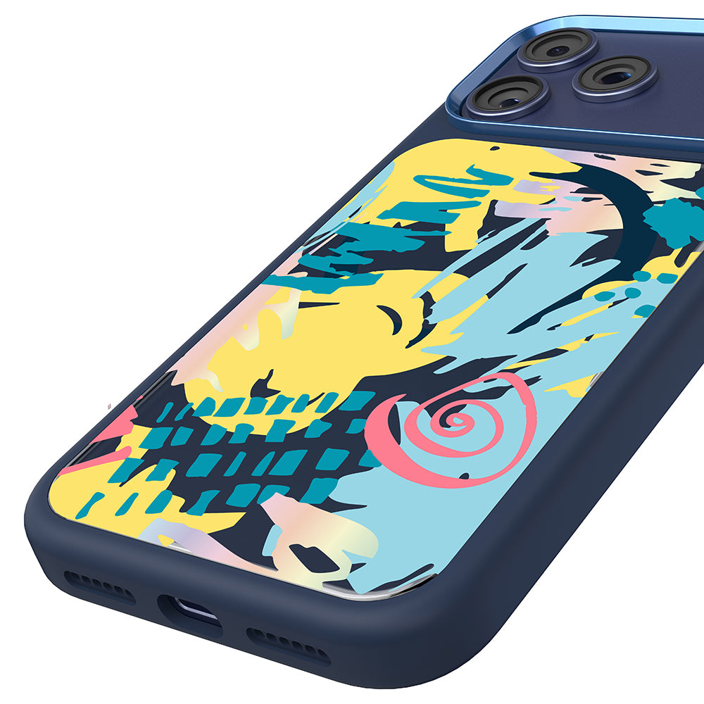 Apple iPhone 18 Pro Kılıf M-safe Şarj Özellikli 3D Baskılı Tasarım Mutural Graffiti Serisi Kapak Lacivert-Sarı