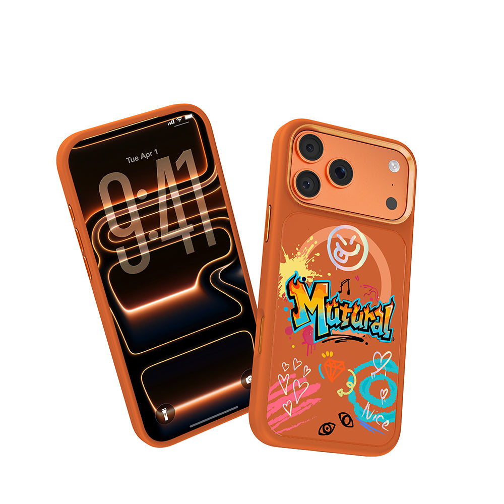 Apple iPhone 18 Pro Kılıf M-safe Şarj Özellikli 3D Baskılı Tasarım Mutural Graffiti Serisi Kapak Turuncu