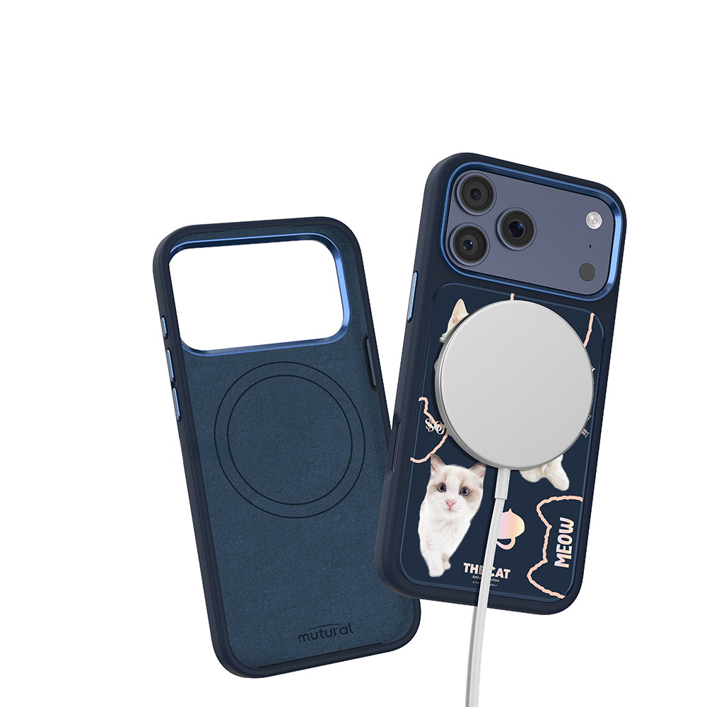 Apple iPhone 18 Pro Kılıf M-safe Şarj Özellikli 3D Baskılı Tasarım Mutural The Cat Serisi Kapak Lacivert