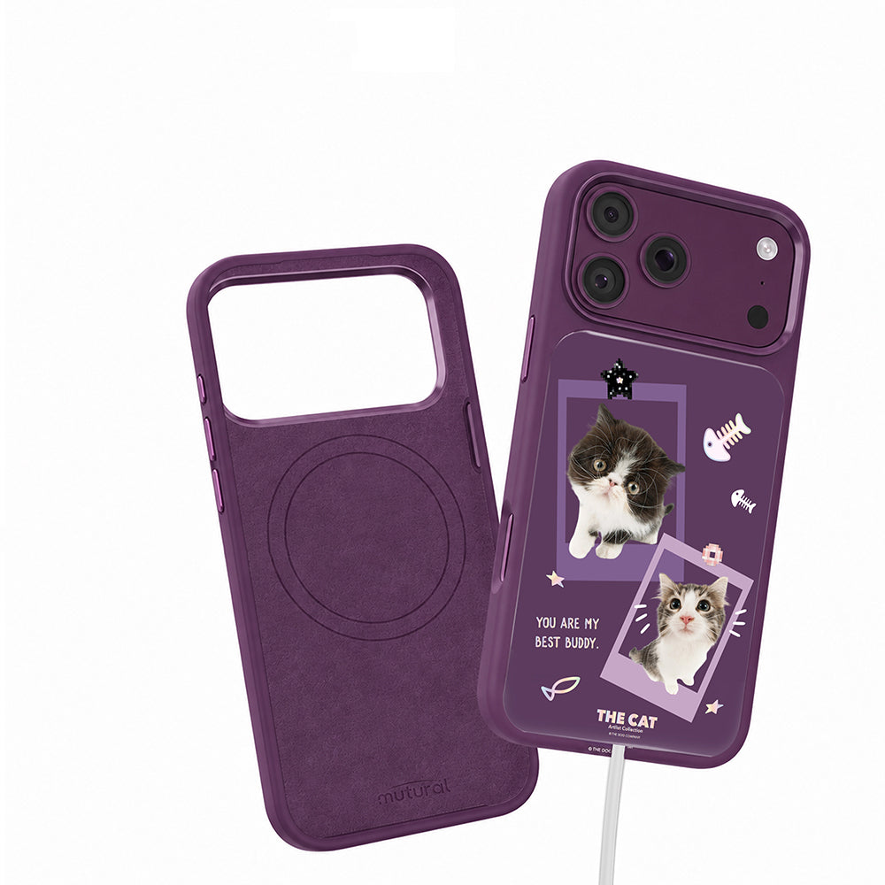 Apple iPhone 18 Pro Kılıf M-safe Şarj Özellikli 3D Baskılı Tasarım Mutural The Cat Serisi Kapak Mor