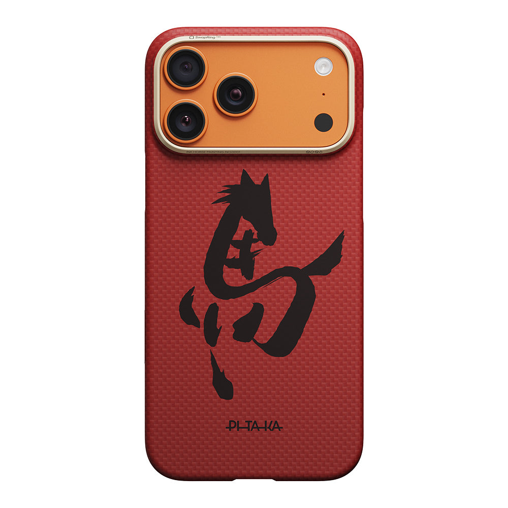 Apple iPhone 18 Pro Kılıf M-safe Şarj Özellikli Aramid Karbon Fiber Pitaka Horse Painting Serisi Kapak Kırmızı