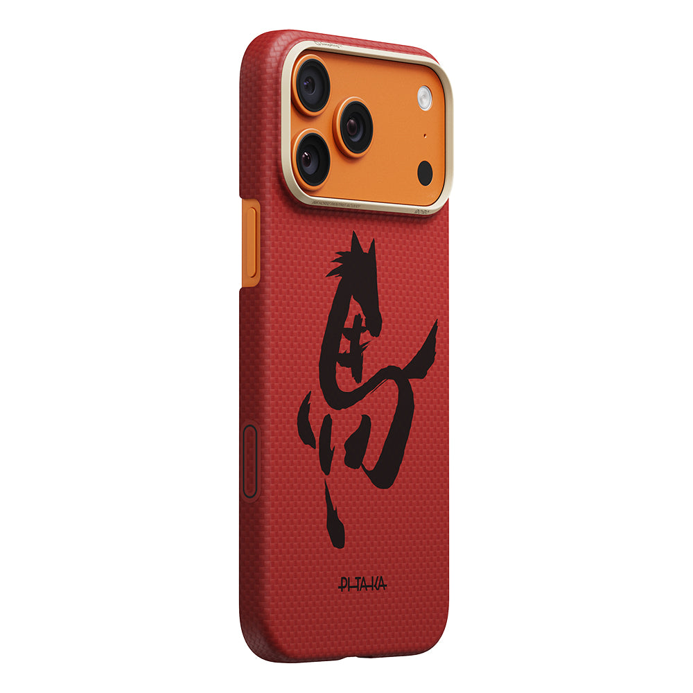 Apple iPhone 18 Pro Kılıf M-safe Şarj Özellikli Aramid Karbon Fiber Pitaka Horse Painting Serisi Kapak Kırmızı