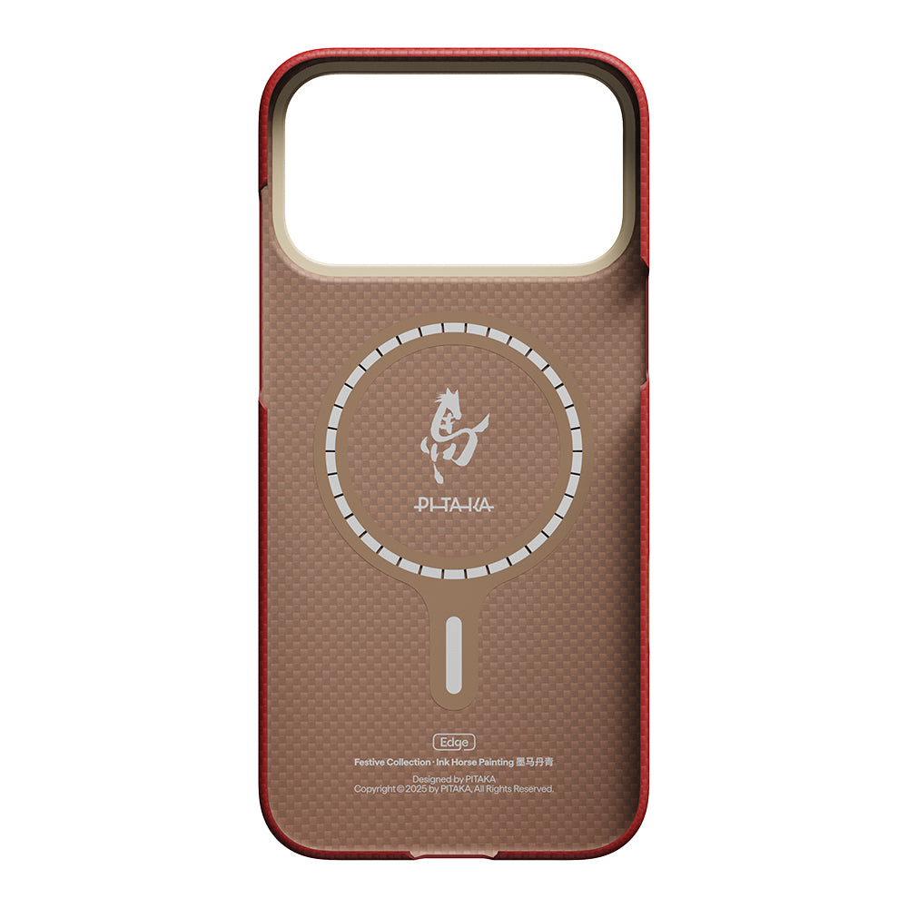 Apple iPhone 18 Pro Kılıf M-safe Şarj Özellikli Aramid Karbon Fiber Pitaka Horse Painting Serisi Kapak Kırmızı