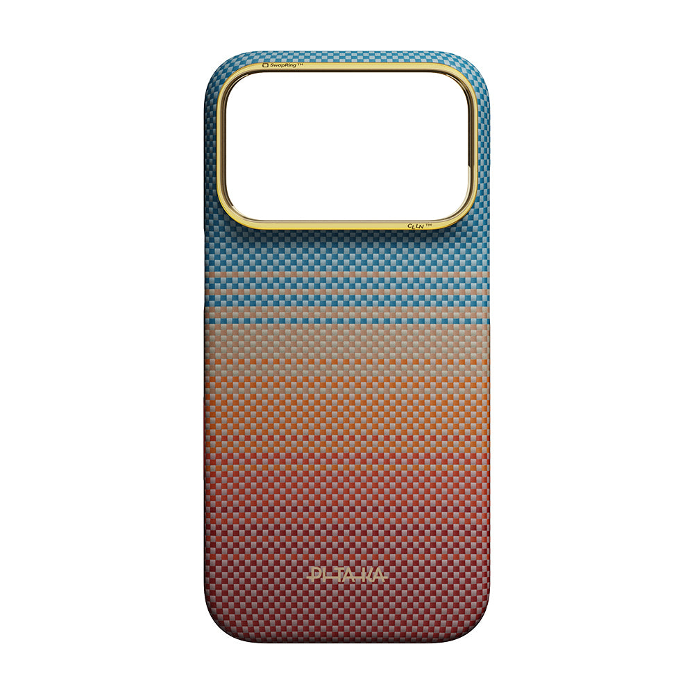 Apple iPhone 18 Pro Kılıf M-safe Şarj Özellikli Aramid Fiber Pitaka Sunset 2.0 California Dream Serisi Kapak Mavi-Kahverengi