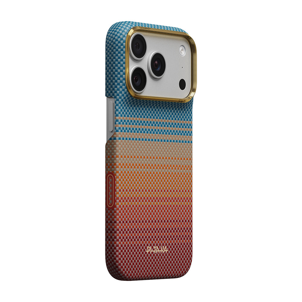 Apple iPhone 18 Pro Kılıf M-safe Şarj Özellikli Aramid Fiber Pitaka Sunset 2.0 California Dream Serisi Kapak Mavi-Kahverengi