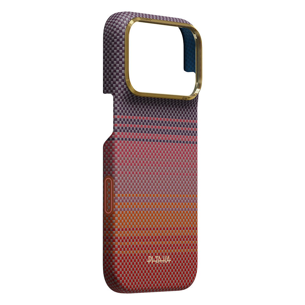 Apple iPhone 18 Pro Kılıf M-safe Şarj Özellikli Aramid Fiber Pitaka Sunset 2.0 California Dream Serisi Kapak Kırmızı-Mor