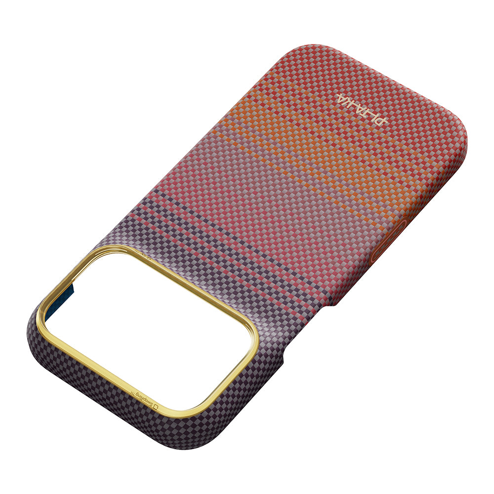 Apple iPhone 18 Pro Kılıf M-safe Şarj Özellikli Aramid Fiber Pitaka Sunset 2.0 California Dream Serisi Kapak Kırmızı-Mor