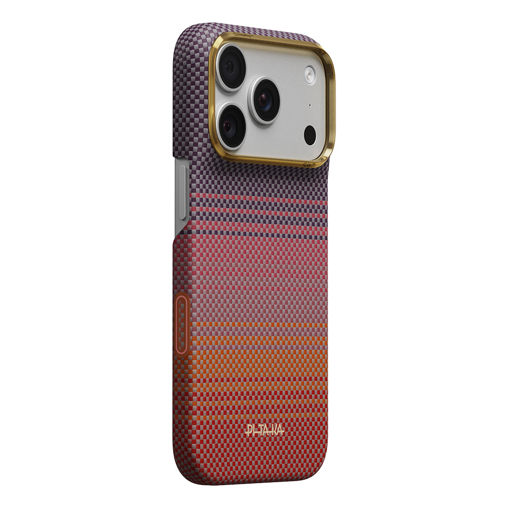 Apple iPhone 18 Pro Kılıf M-safe Şarj Özellikli Aramid Fiber Pitaka Sunset 2.0 California Dream Serisi Kapak Kırmızı-Mor