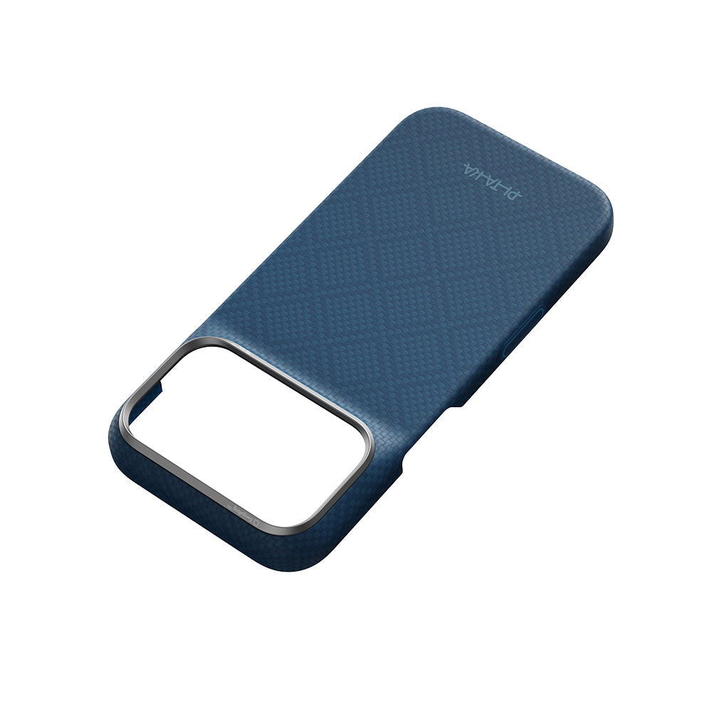 Apple iPhone 18 Pro Kılıf M-safe Şarj Özellikli Aramid Karbon Fiber Pitaka Argyle Serisi Kapak Lacivert