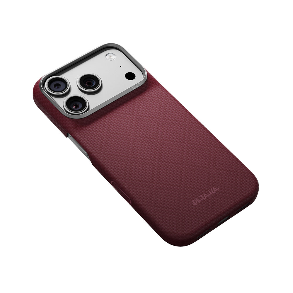 Apple iPhone 18 Pro Kılıf M-safe Şarj Özellikli Aramid Karbon Fiber Pitaka Argyle Serisi Kapak Bordo