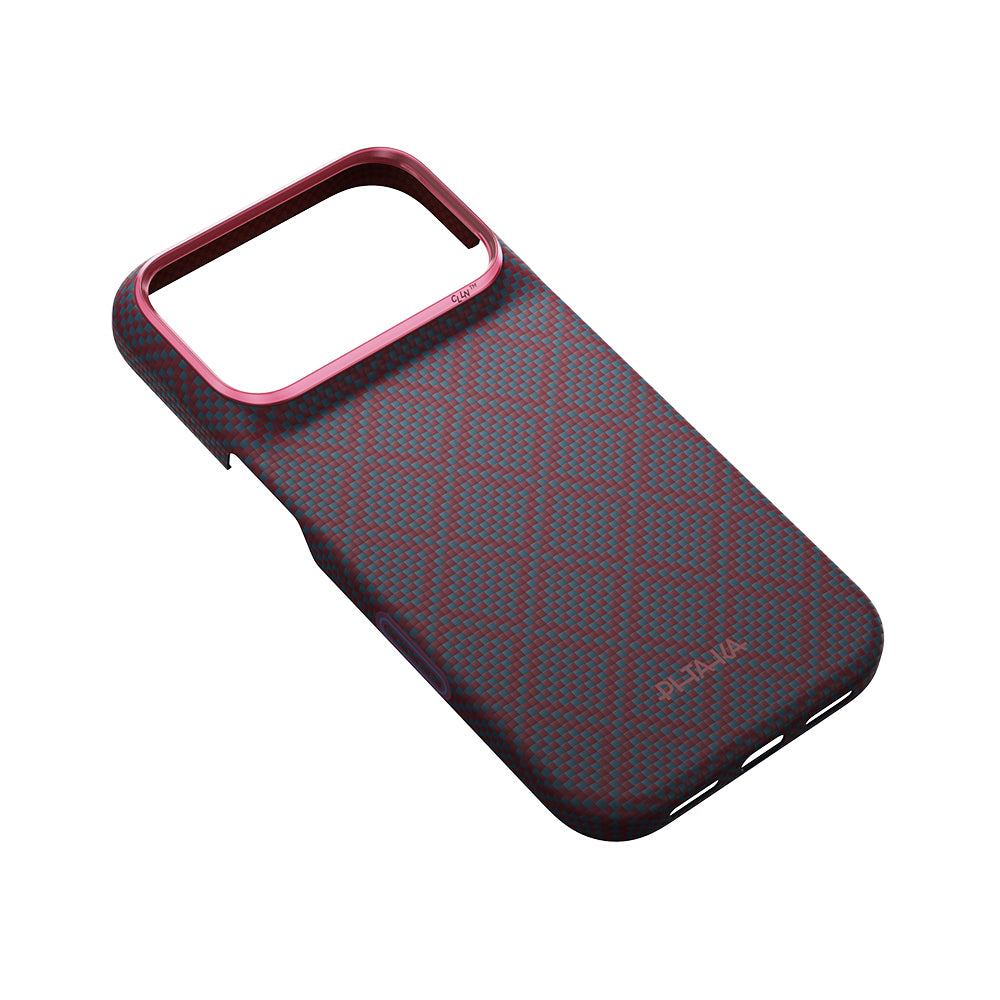 Apple iPhone 18 Pro Kılıf M-safe Şarj Özellikli Aramid Karbon Fiber Pitaka Argyle Serisi Kapak Mavi-Kırmızı