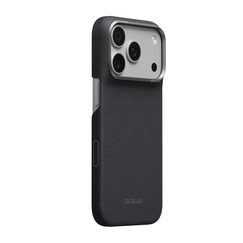 Apple iPhone 18 Pro Kılıf M-safe Şarj Özellikli Aramid Karbon Fiber Pitaka Argyle Serisi Kapak Siyah