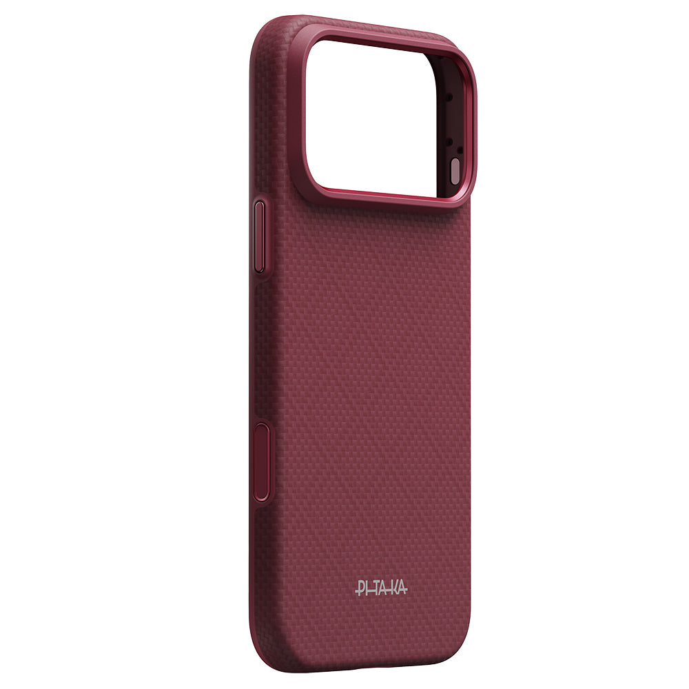 Apple iPhone 18 Pro Kılıf M-safe Şarj Özellikli Aramid Karbon Fiber Pitaka Argyle Serisi Summa Kapak Bordo