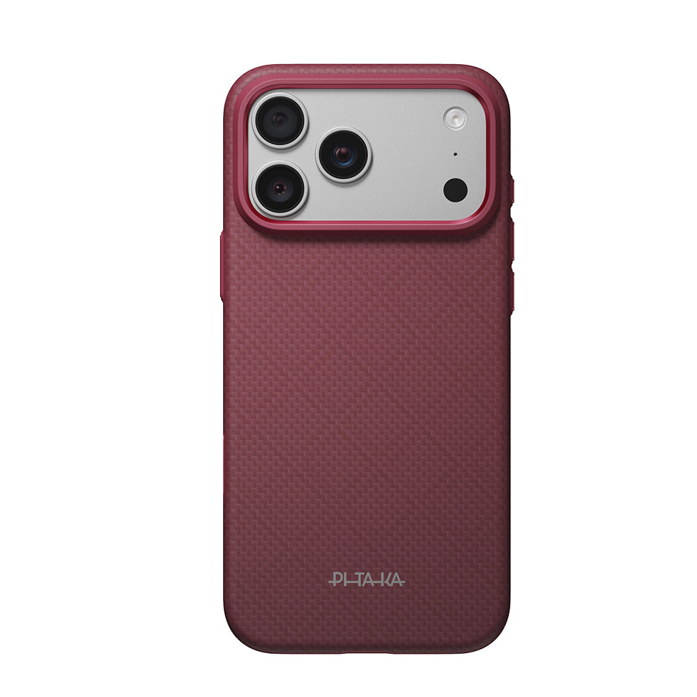 Apple iPhone 18 Pro Kılıf M-safe Şarj Özellikli Aramid Karbon Fiber Pitaka Argyle Serisi Summa Kapak Bordo
