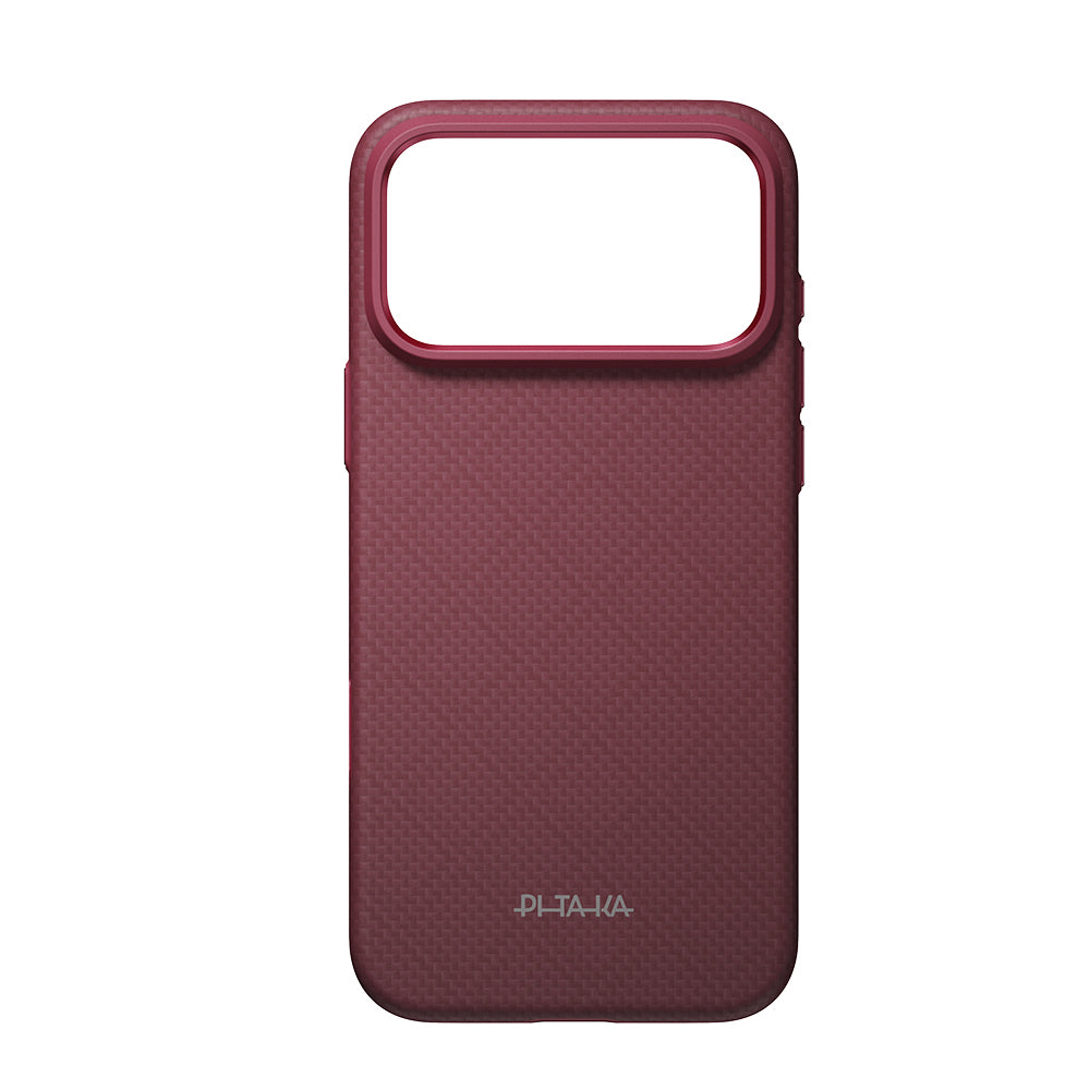 Apple iPhone 18 Pro Kılıf M-safe Şarj Özellikli Aramid Karbon Fiber Pitaka Argyle Serisi Summa Kapak Bordo