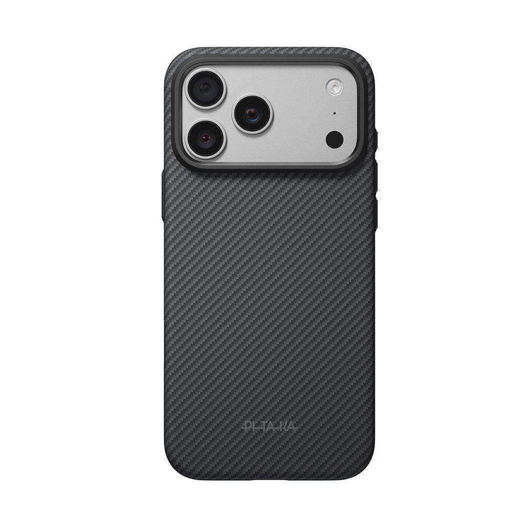 Apple iPhone 18 Pro Kılıf M-safe Şarj Özellikli Aramid Karbon Fiber Pitaka Military-Grade Classic Serisi New Logo Black-Grey Twill Kapak Siyah