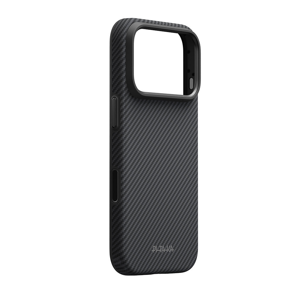 Apple iPhone 18 Pro Kılıf M-safe Şarj Özellikli Aramid Karbon Fiber Pitaka Military-Grade Classic Serisi New Logo Black-Grey Twill Kapak Siyah