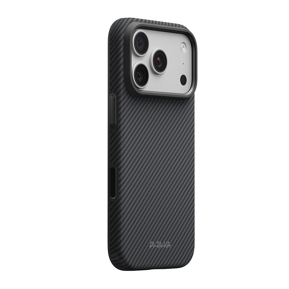 Apple iPhone 18 Pro Kılıf M-safe Şarj Özellikli Aramid Karbon Fiber Pitaka Military-Grade Classic Serisi New Logo Black-Grey Twill Kapak Siyah