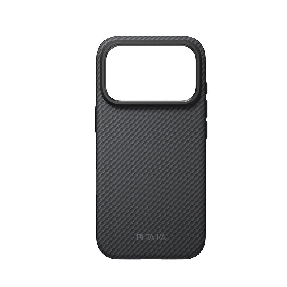 Apple iPhone 18 Pro Kılıf M-safe Şarj Özellikli Aramid Karbon Fiber Pitaka Military-Grade Classic Serisi New Logo Black-Grey Twill Kapak Siyah